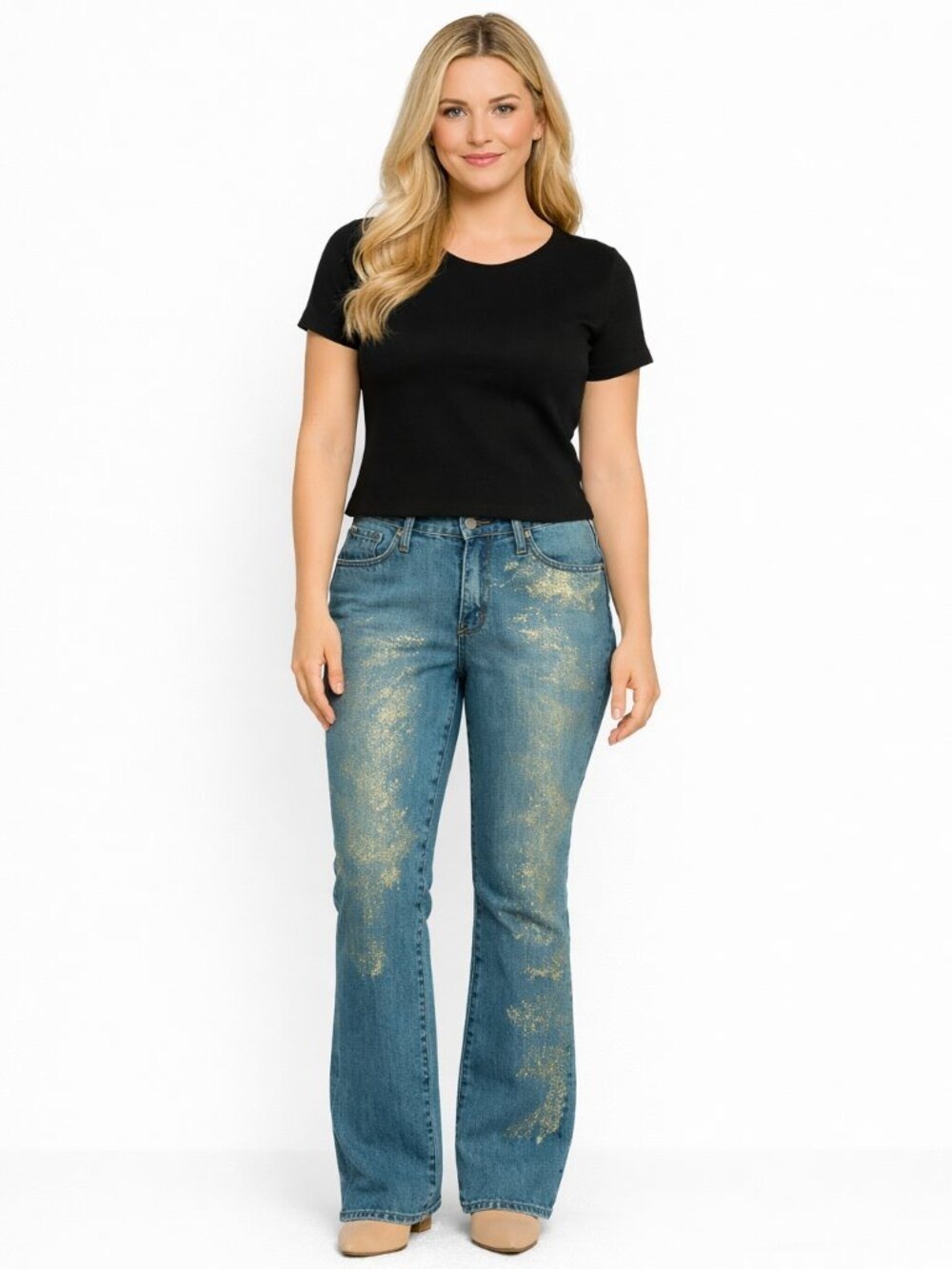 Karen Kane Metallic Gold Foil Bootcut Jeans Size 12 – Premium Denim, Flattering